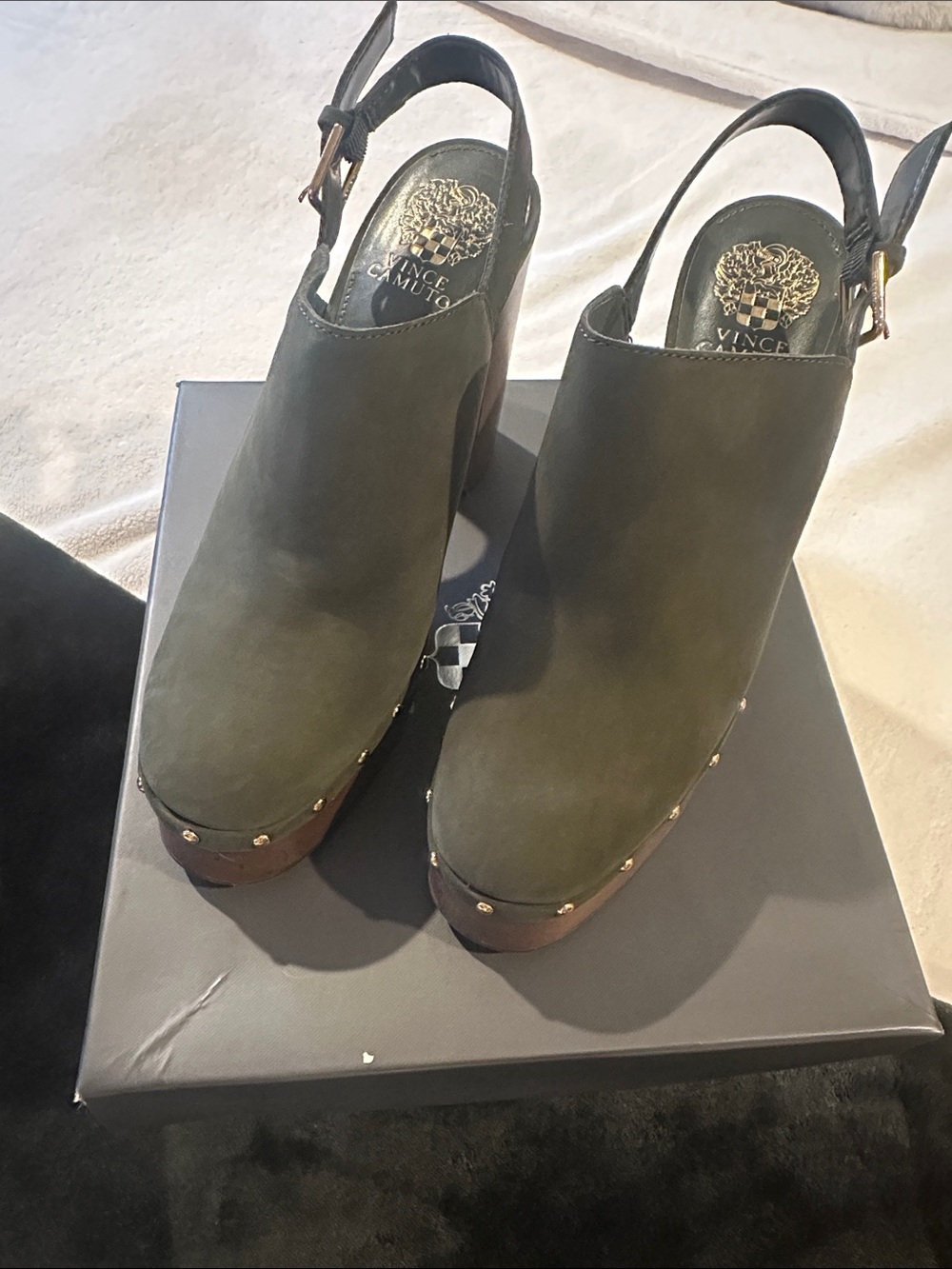 Vince Camuto Olive Suede Platform Slingback Clogs with Gold Studs
